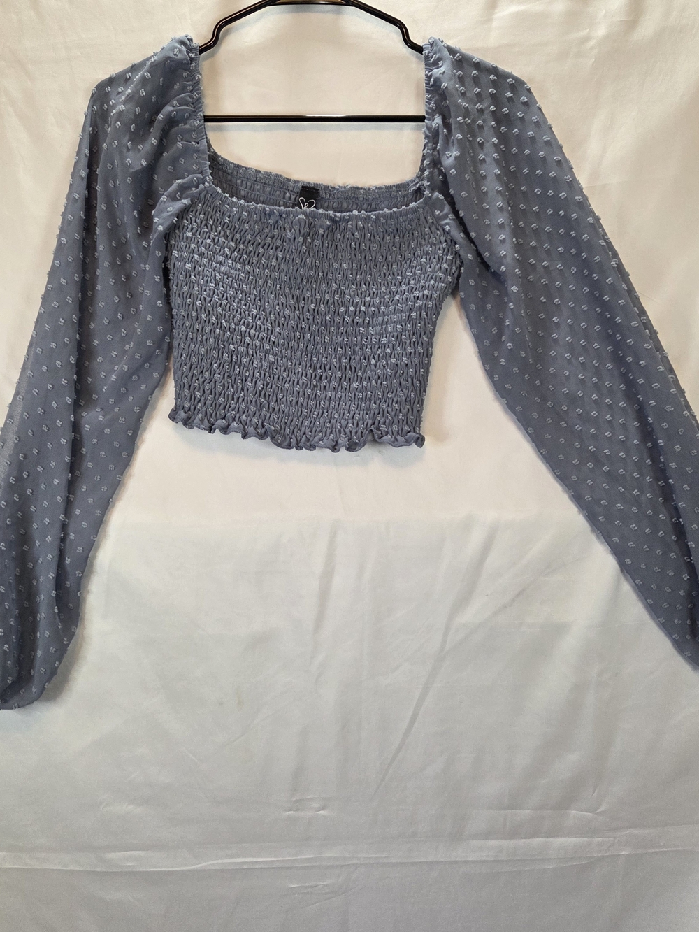 Windsor Dusty Blue Swiss Dot Smocked Long Sleeve Crop Top Milkmaid Blouse